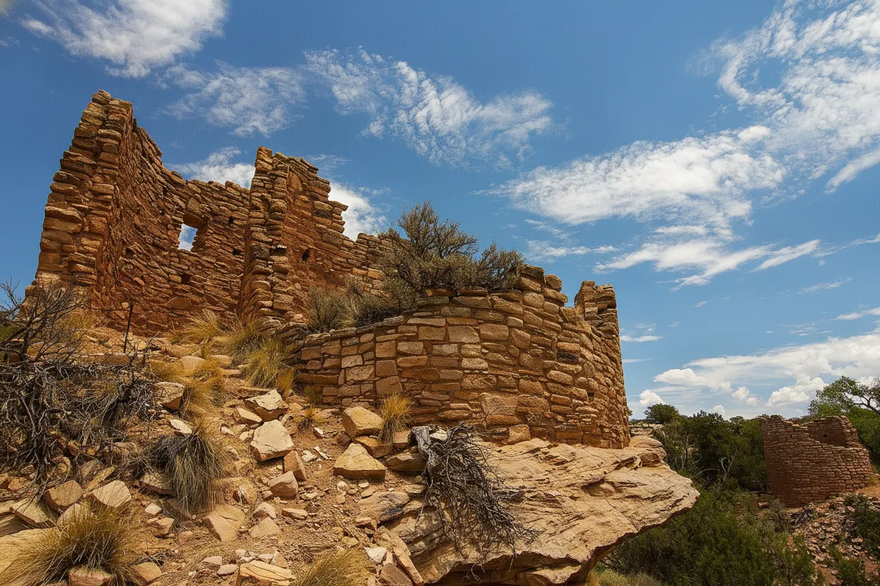 Intricate D-shaped stone structure built on a boulder at Hovenweep National Monument, showcasing ancient masonry.