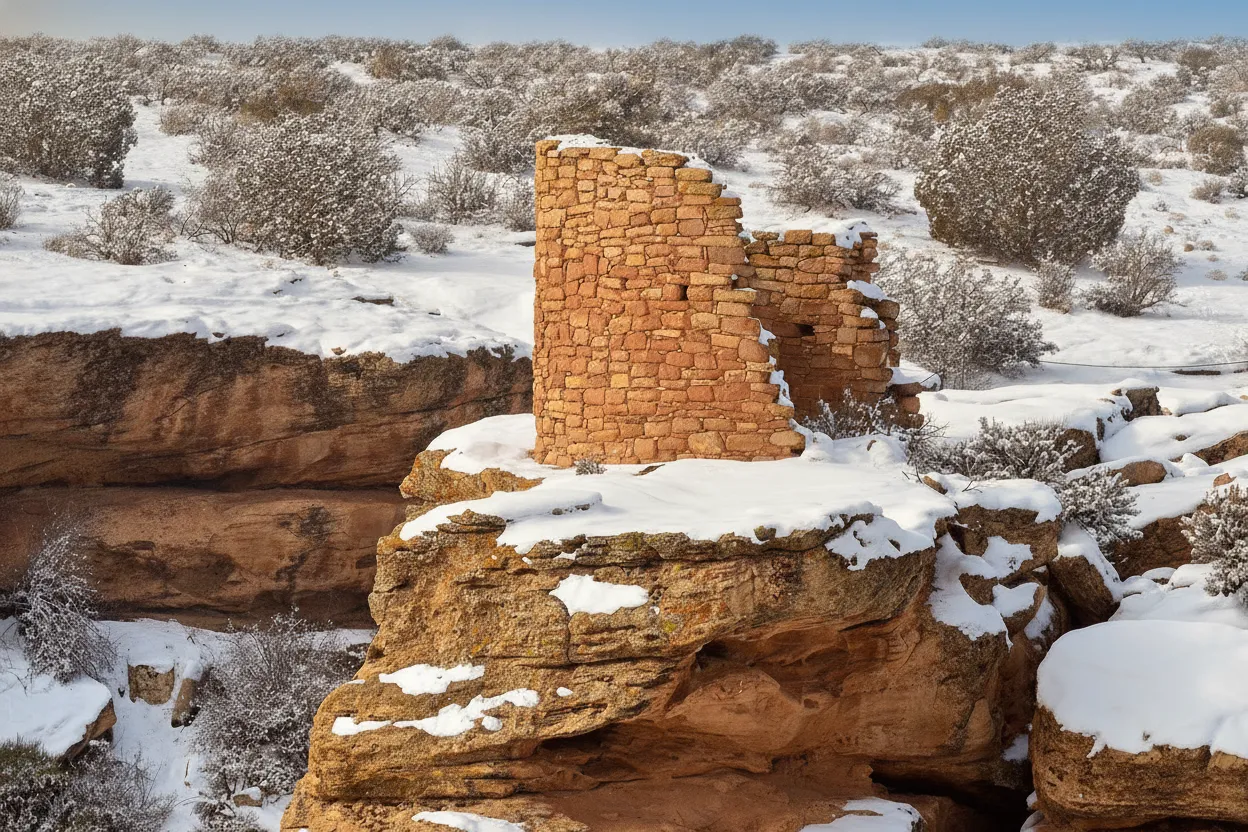 Panoramic view of a rugged canyon landscape at Hovenweep with distant ancient ruins under a dramatic sky.