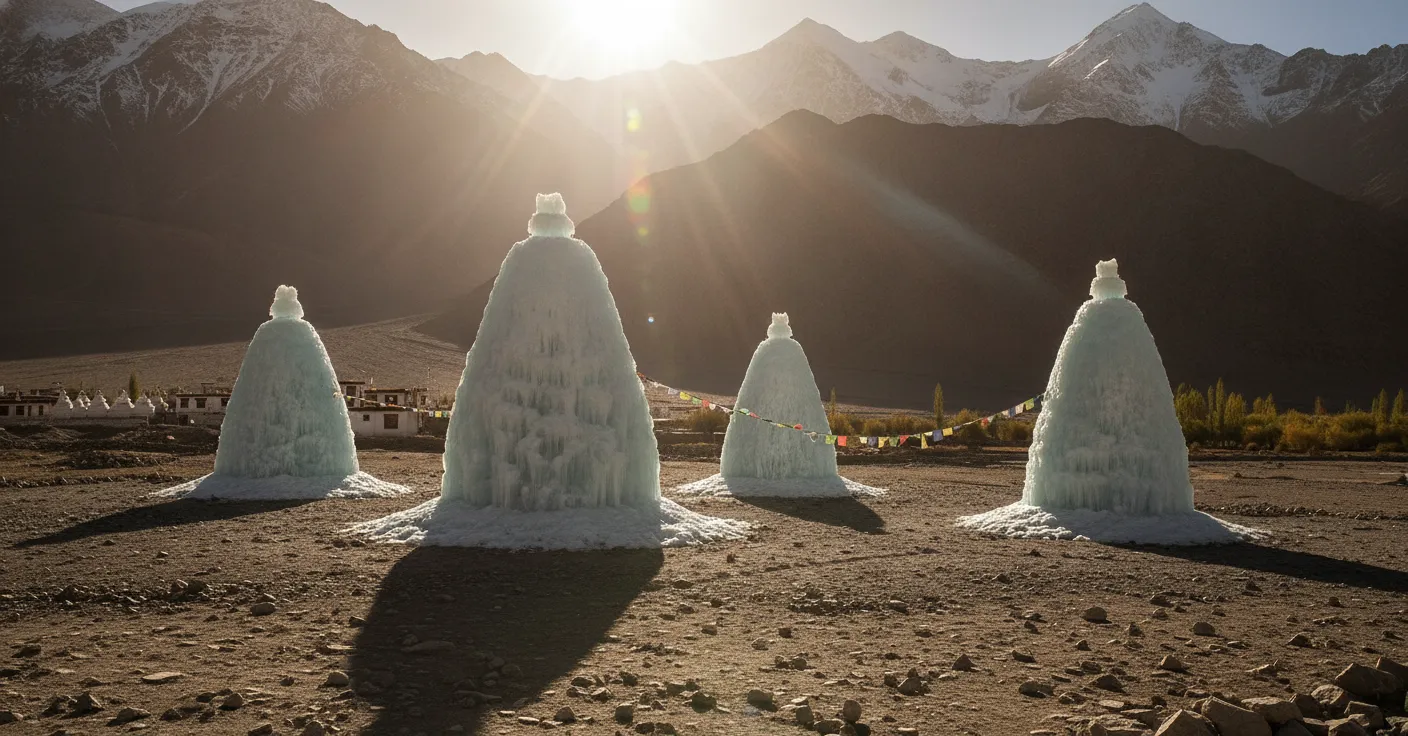 In the desolate, high-altitude desert of Ladakh, locals have engineered a breathtaking solution: conical, frozen towers that sprout from the earth, acting as glacial reservoirs for the arid spring.