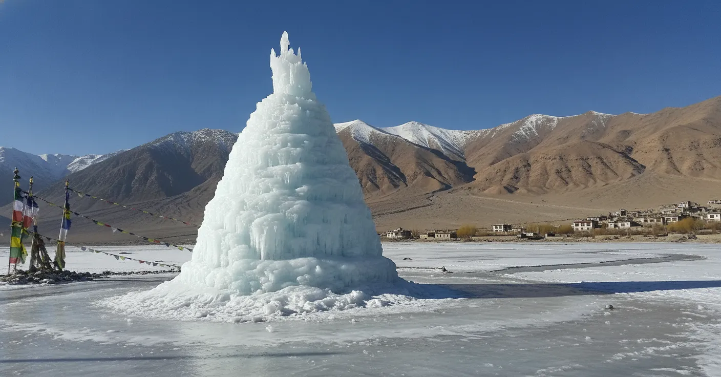 A towering Ice Stupa in Ladakh, a conical ice formation against a backdrop of snow-capped mountains and a clear blue sky.