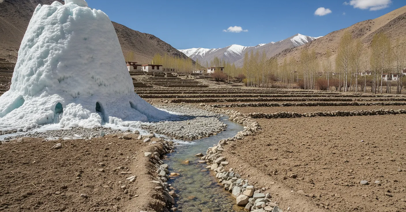 A group of local Ladakhi villagers standing near a partially melted Ice Stupa, with green fields in the foreground, indicating its successful water supply.