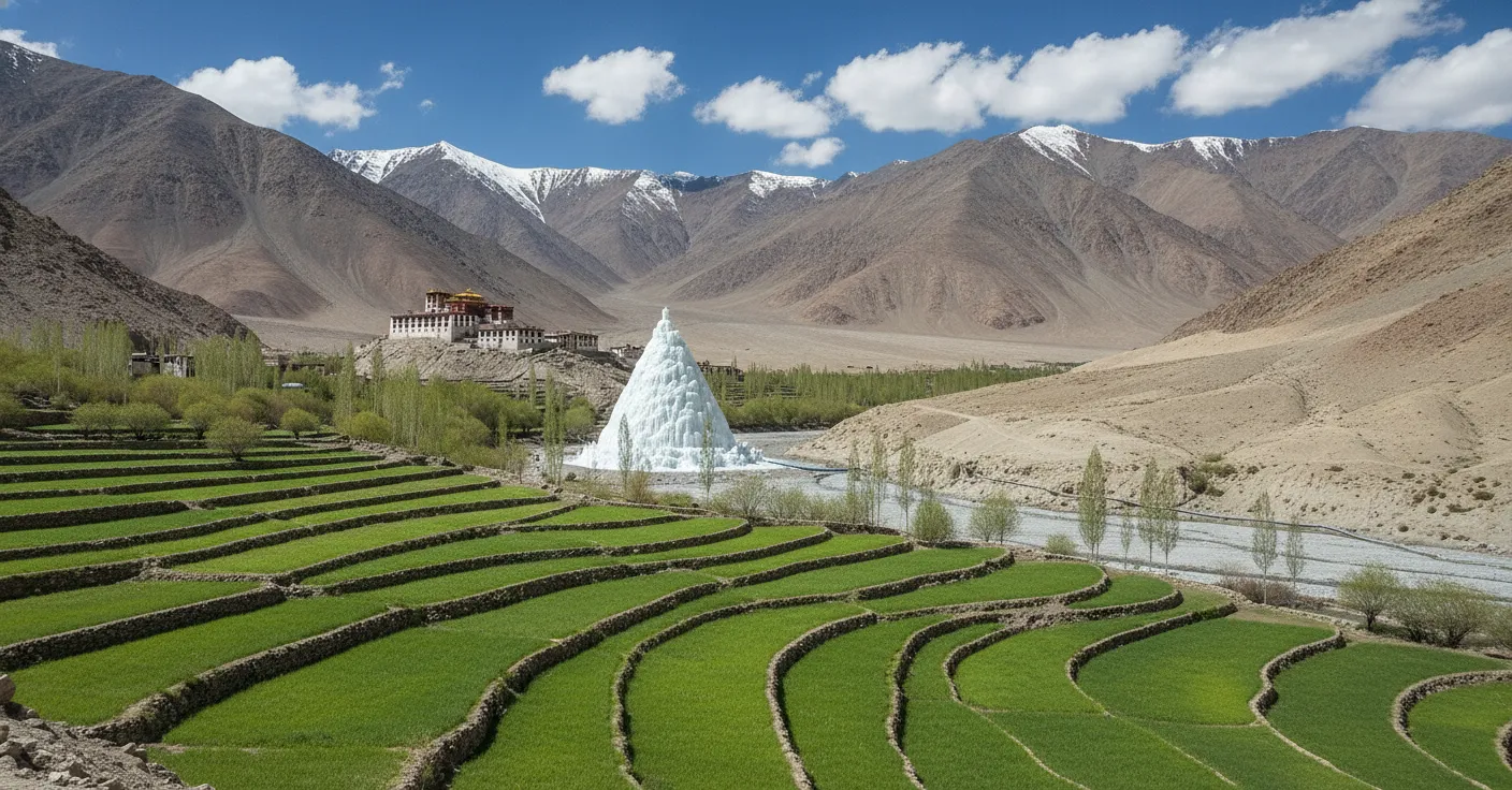 A close-up view of the intricate layers of ice forming an Ice Stupa, showing the texture and structure of the frozen water.
