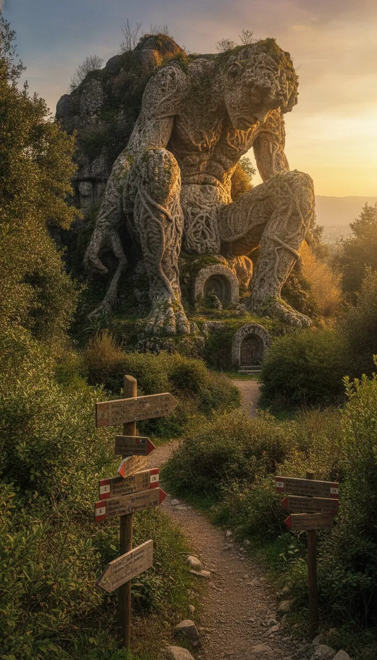 A colossal stone man, 35 feet tall and half-hidden in rock and moss, guards a forgotten Italian park like a slumbering titan.