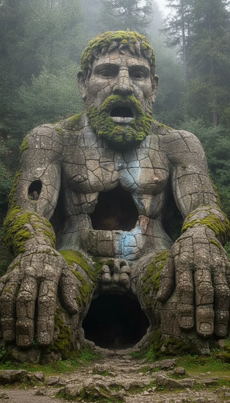 The Apennine Colossus, a 35-foot tall stone giant, emerges from a hillside covered in moss and rock, with trees surrounding it in Pratolino Park, Tuscany.
