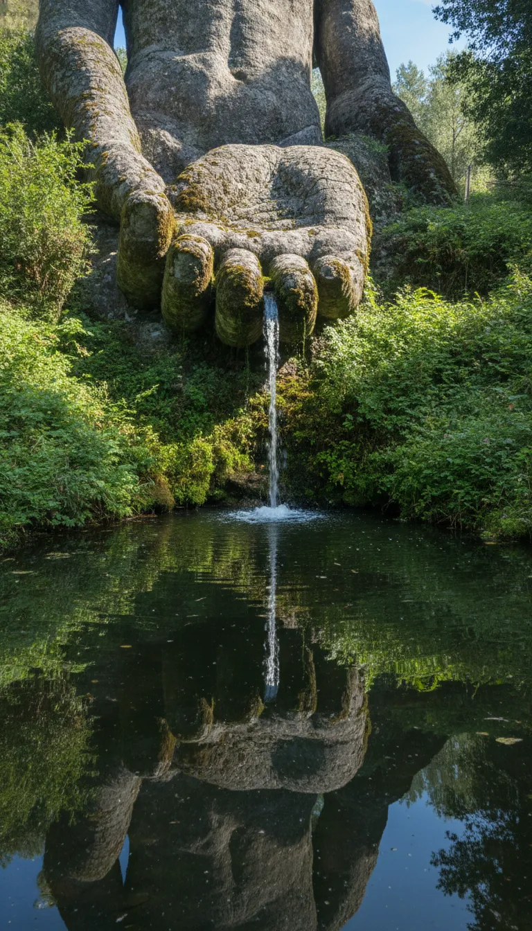 A close-up view of the Apennine Colossus, showing intricate details of its rock and moss-covered skin, with a small grotto entrance visible near its base.