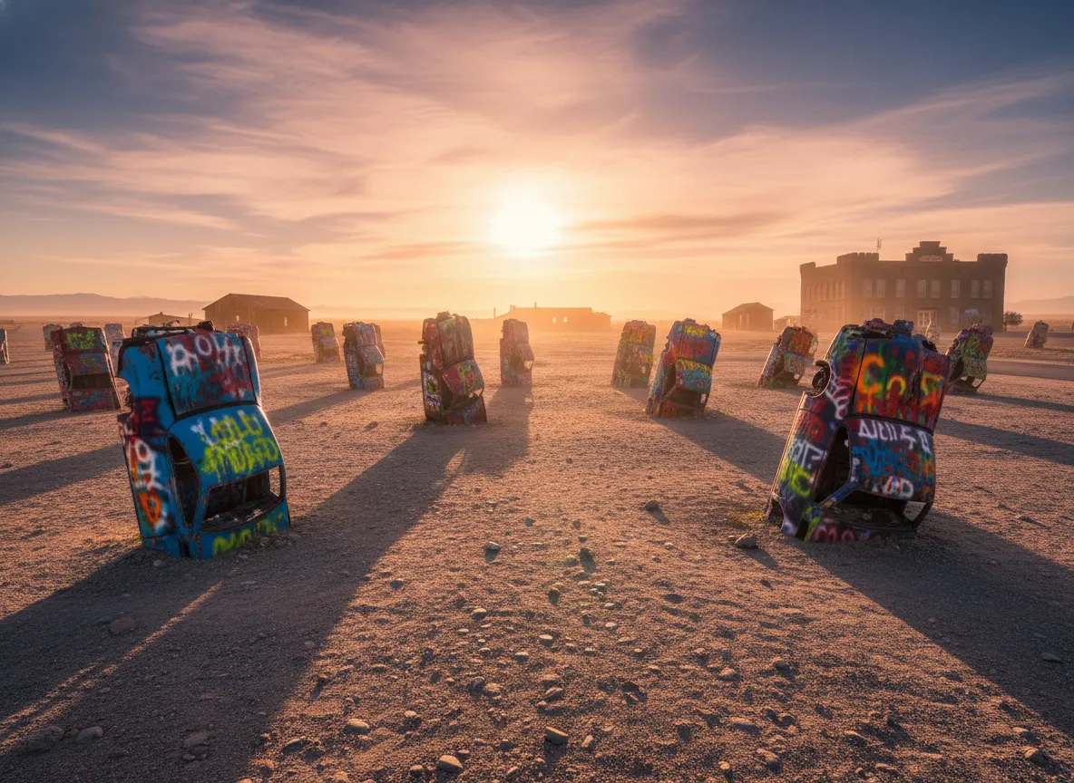 In a desolate corner of the Nevada desert, dozens of old cars stand buried nose-down in the earth, forming an eerie, silent graveyard that defies both logic and gravity.