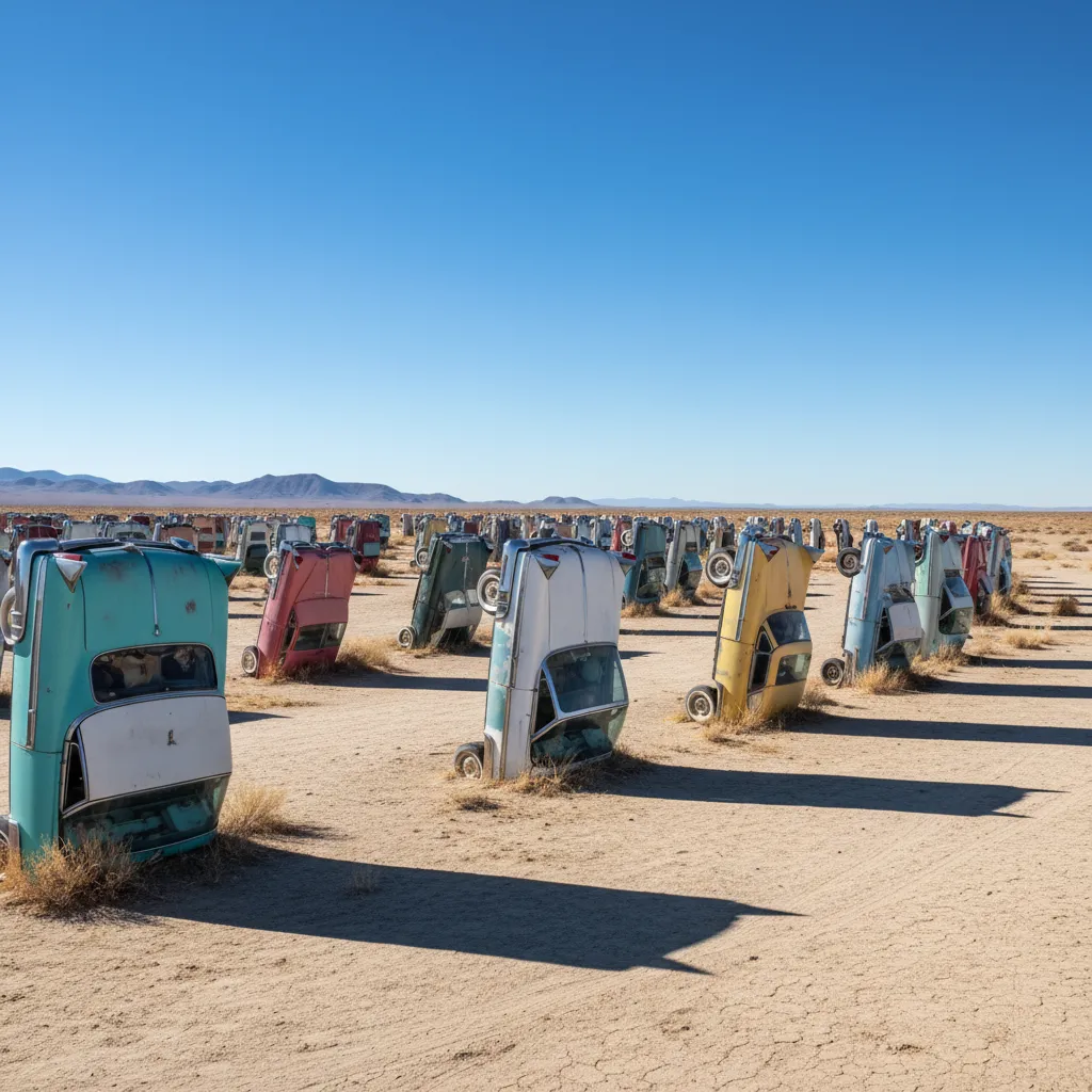 Dozens of old cars buried nose-down in the Nevada desert, adorned with vibrant graffiti, under a vast blue sky.