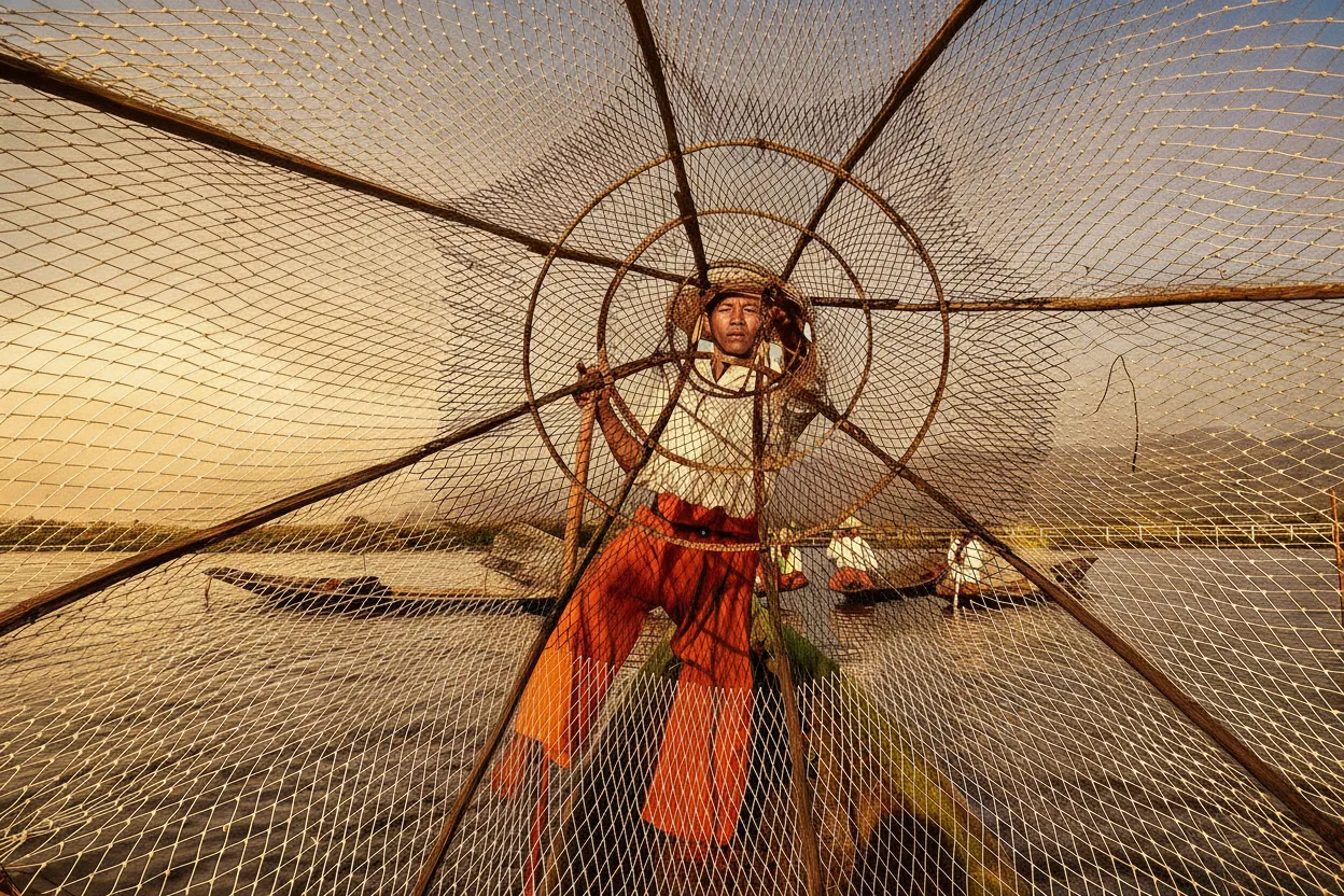 Imagine navigating a tranquil lake by standing on one leg and rowing with the other, all while expertly casting a conical net – a sight straight out of an impossible dream.