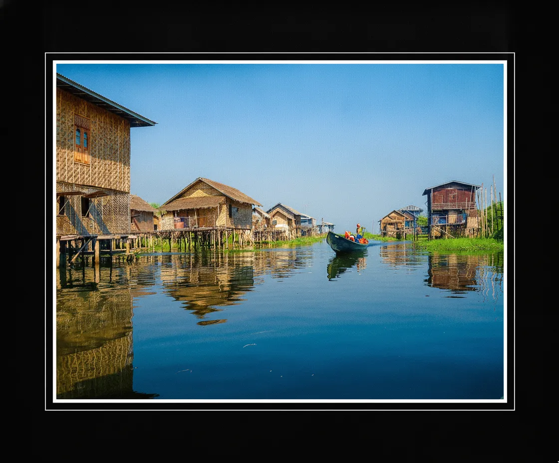 An Intha leg-rowing fisherman on Inle Lake, Myanmar, balancing on one leg and rowing with the other while casting a conical net.