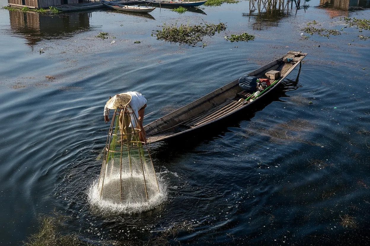 A long-tail boat gliding past floating gardens and stilt houses on Inle Lake, Myanmar, with mountains in the background.