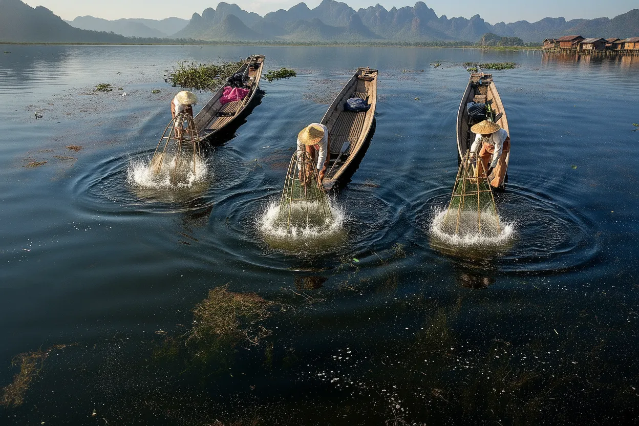 A traditional Intha village built on stilts over the water of Inle Lake, with boats docked alongside wooden houses.