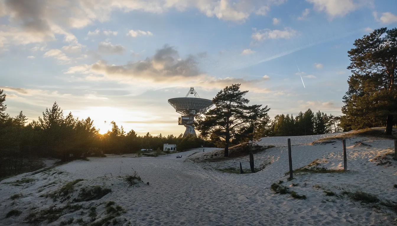 A wide shot of the massive RT-32 radio telescope dish at Irbenes Radioteleskops, its rusted surface contrasting with the green Latvian forest under a clear sky.