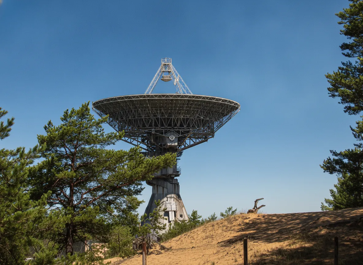 A scenic view of the Irbenes Radioteleskops site, with both the RT-32 and RT-16 dishes visible, surrounded by dense forest under a dramatic sky.