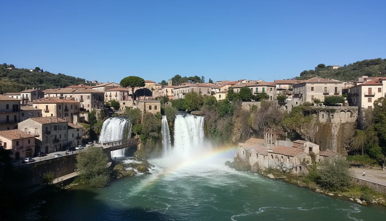 The powerful Cascata Grande waterfall flowing directly through the historic center of Isola del Liri, Italy, with ancient buildings clinging to its banks.