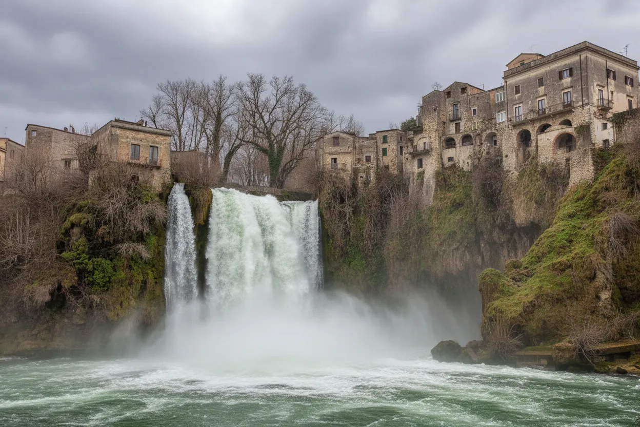 Panoramic view of Isola del Liri, showing the river winding through the town, ancient buildings, and the surrounding Lazio countryside.