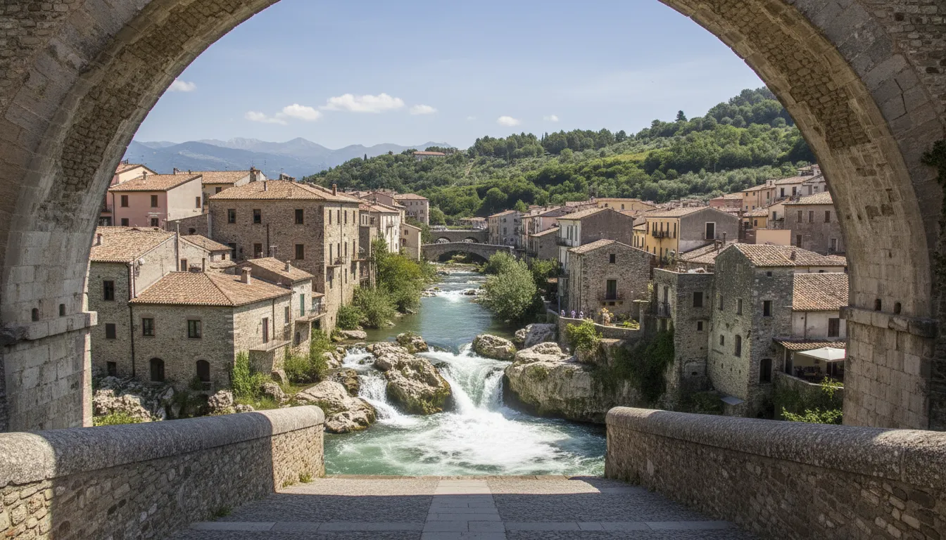 A charming street scene in Isola del Liri, with traditional Italian architecture and a glimpse of the river.