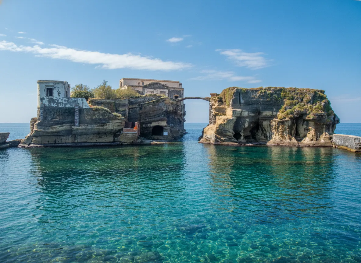 Isola La Gaiola villa and natural arch from the sea, bathed in sunlight