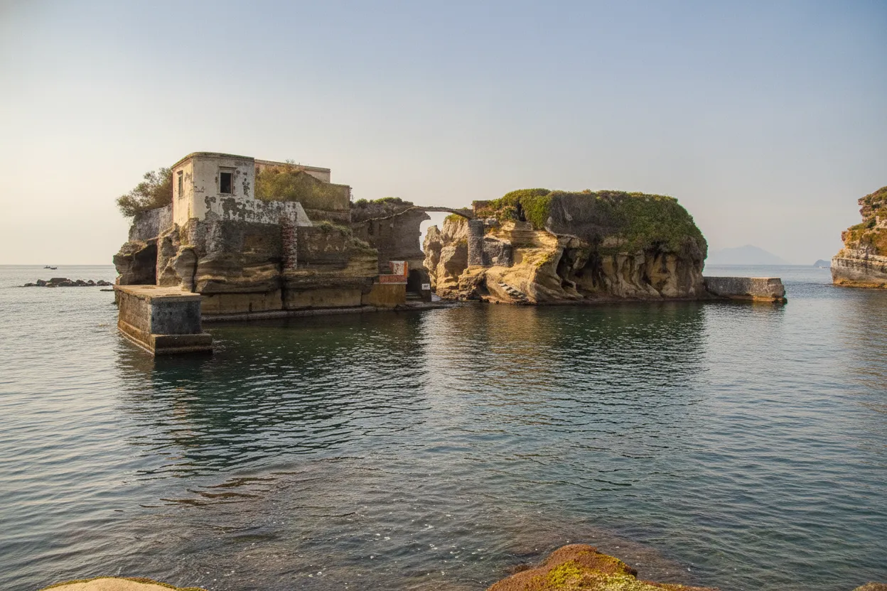 The elegant, yet abandoned, clifftop villa on Isola La Gaiola with the natural arch in the background.