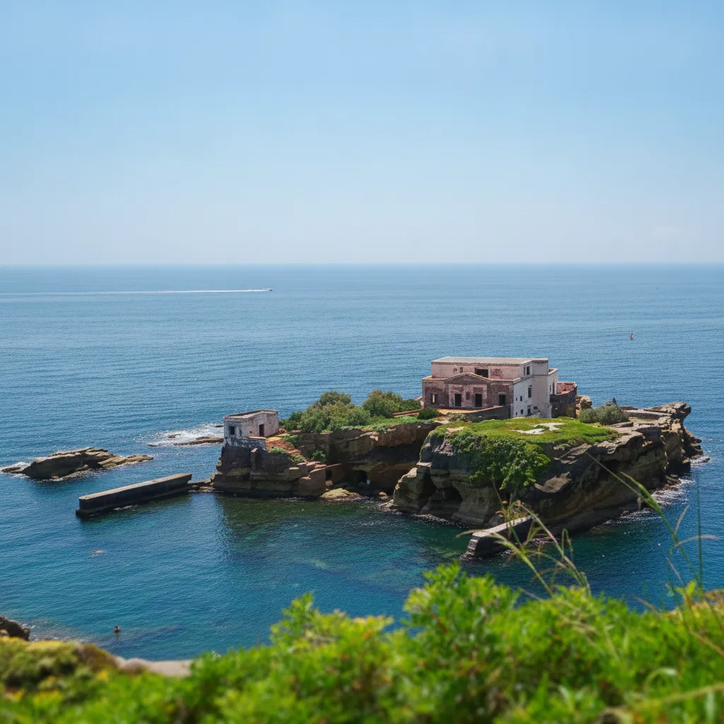 Underwater view of ancient Roman ruins and marine life in the clear waters surrounding Isola La Gaiola.