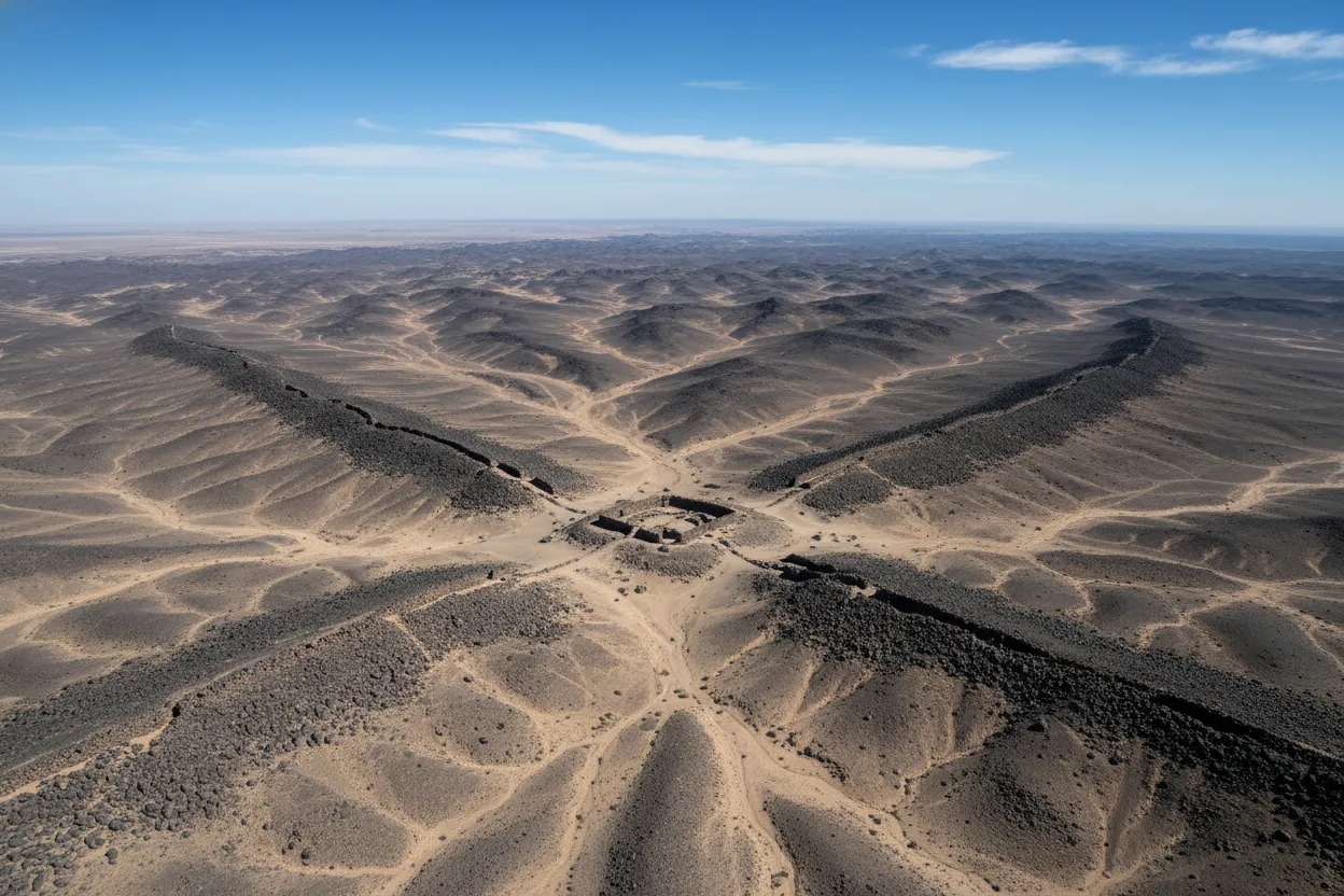 Aerial view of a massive desert kite structure in Jordan's black basalt desert, showing long stone walls converging into an enclosure.