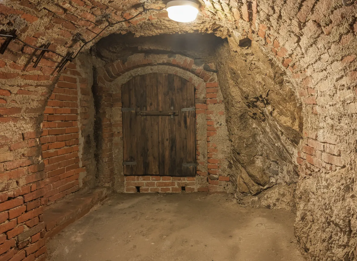 A dimly lit underground tunnel in the Jihlava Catacombs, with a faint green glow emanating from the walls in the distance.