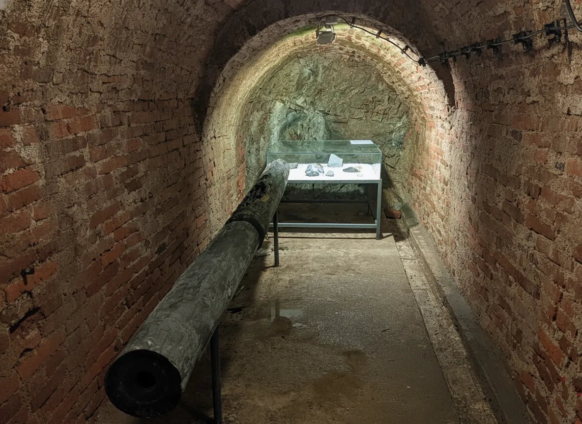 A group of tourists on a guided tour, walking through a wide, arched stone tunnel in the Jihlava Catacombs, illuminated by tour guide's lamp.