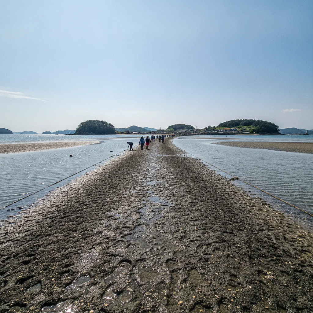 Thousands of people walking on the exposed land bridge during the Jindo Sea Parting, with the sea on either side