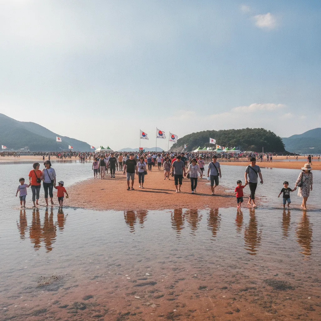 A vibrant festival scene with traditional Korean performers and market stalls during the Jindo Miracle Sea Road Festival