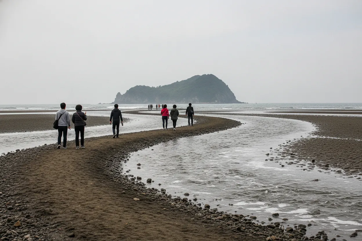 A close-up of the exposed seabed with shells and small puddles during the Jindo Sea Parting, showing the texture of the path