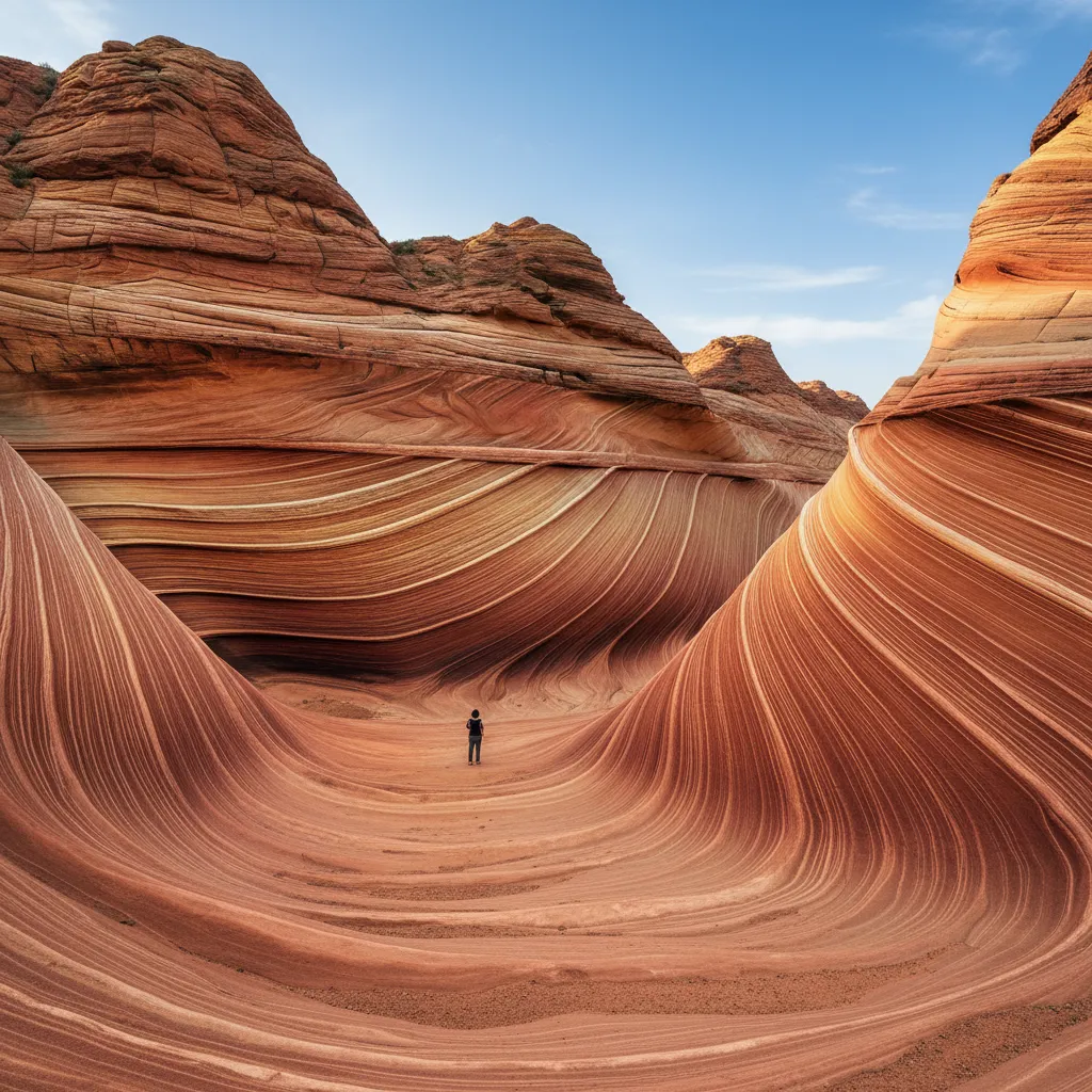 A person walking on a boardwalk through a narrow, winding slot canyon in Jingbian Wave Valley, with high red sandstone walls.