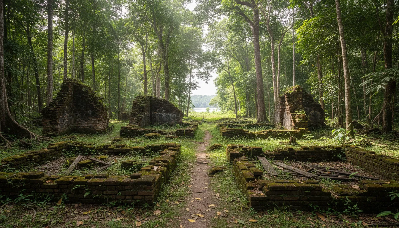 Overgrown stone ruins of Jodensavanne's synagogue, partially covered by jungle vegetation, with sunlight filtering through the canopy.