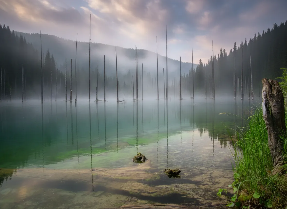Panoramic view of Kaindy Lake from a higher vantage point, showing its unique color and surrounding mountain landscape.