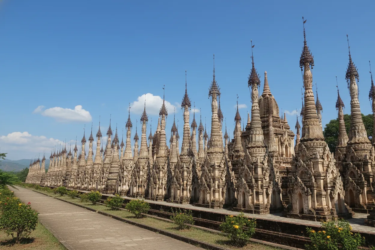 Thousands of ancient stupas rising from the earth at the Kakku Pagoda Complex in Myanmar.