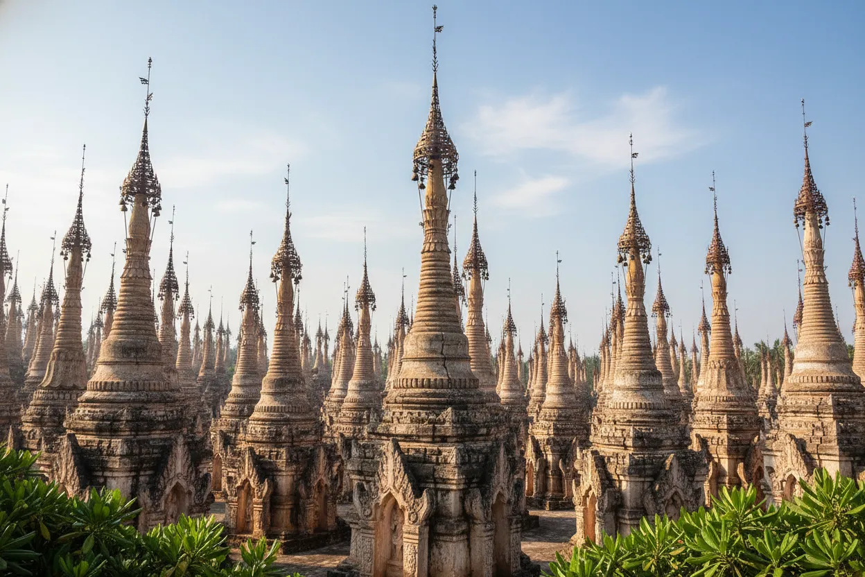 Close-up of intricate carvings on an ancient stupa at Kakku, Myanmar.