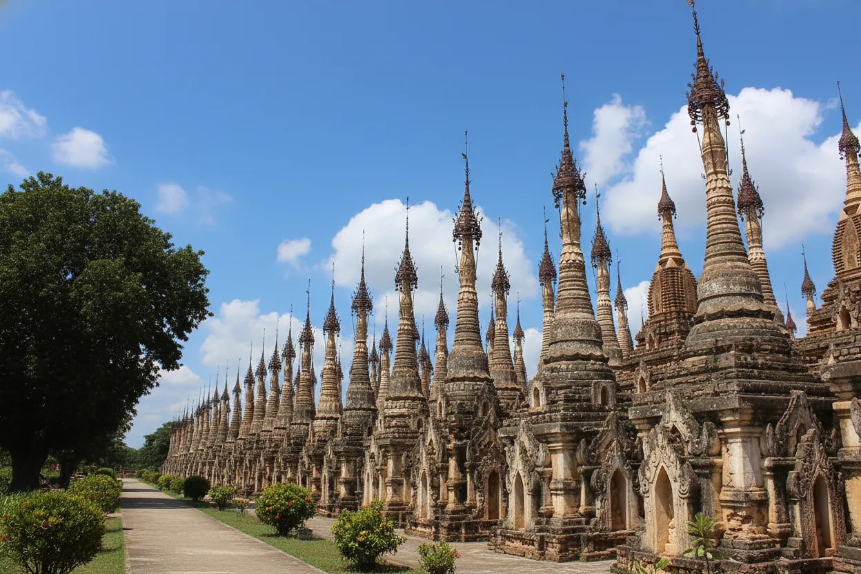 A Pa-O guide explaining the history of Kakku Pagoda Complex to visitors.