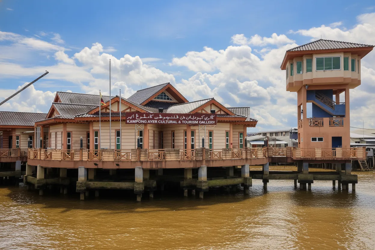 Panoramic view of Kampong Ayer, Brunei, showcasing a vast network of stilt houses, mosques, and walkways stretching across the Brunei River, with modern city skyline in the background.