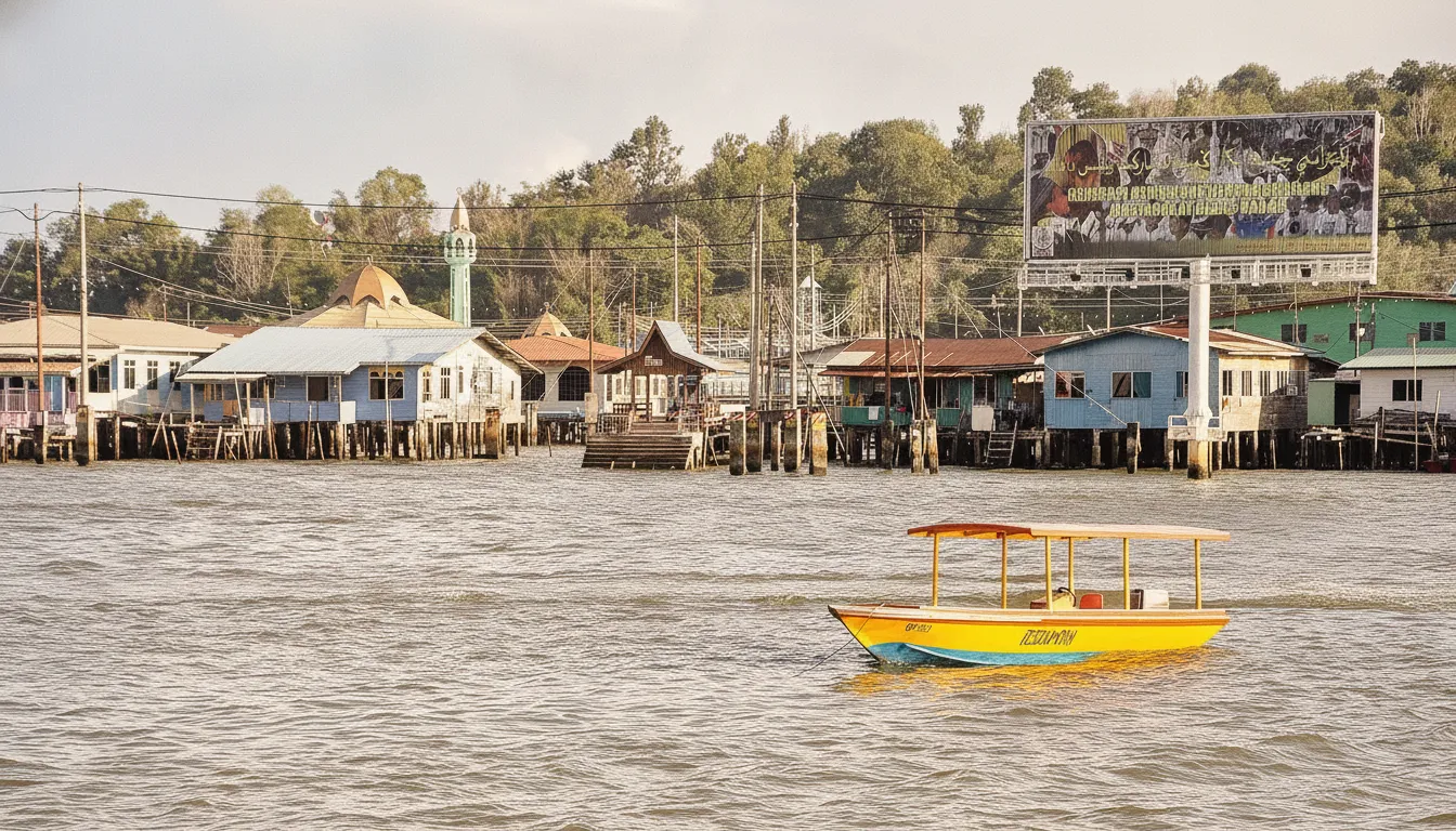 A close-up view of a traditional stilt house in Kampong Ayer, Brunei, with intricate wooden details and a small boat docked nearby, showing daily life.