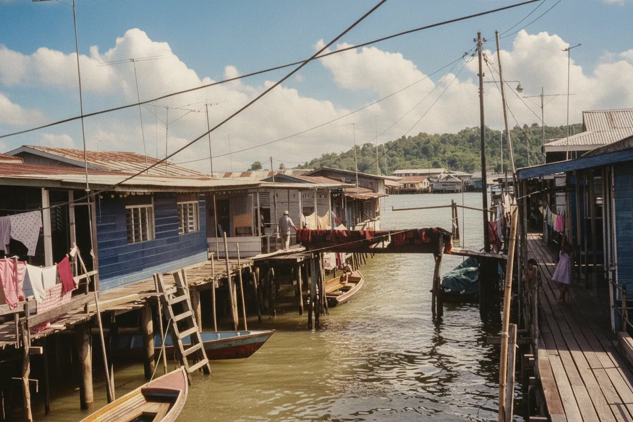 A water taxi speeding across the Brunei River with Kampong Ayer in the background, showing the primary mode of transport within the water village.