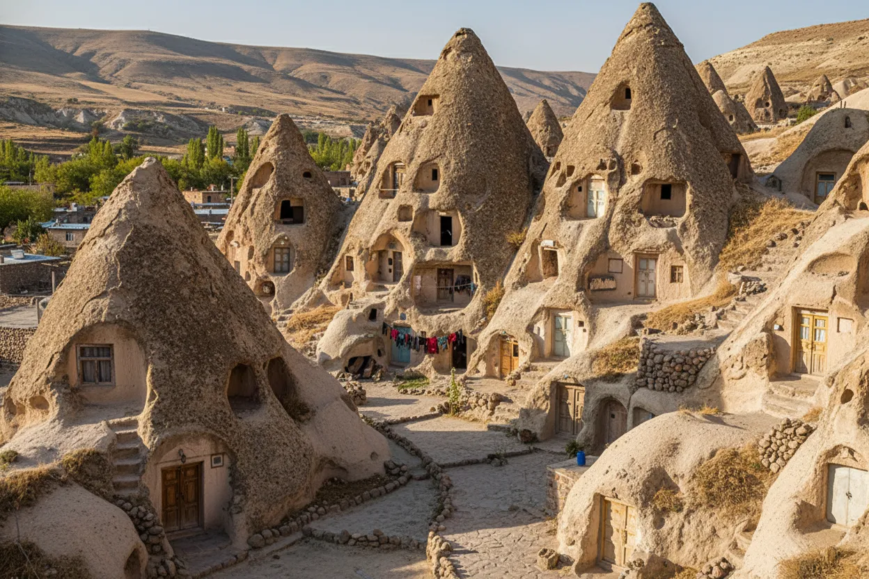 Panoramic view of Kandovan Village showing multiple conical rock formations with carved homes and windows.