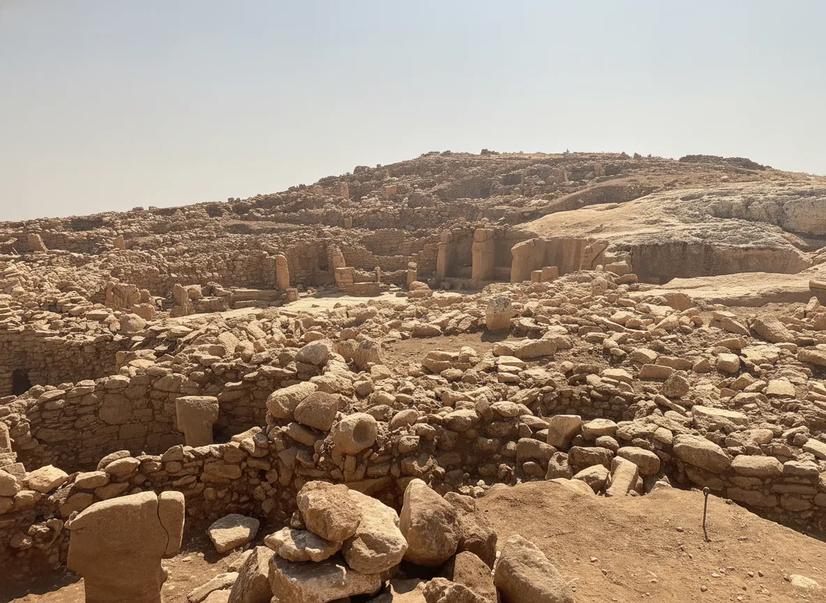 Panoramic view of the archaeological site of Karahan Tepe at sunrise, showing the vastness of the ancient complex.