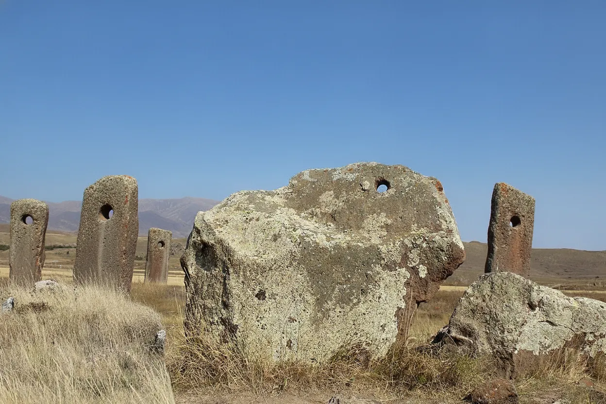 Panoramic view of Karahunj Observatory with numerous standing stones on a green plateau under a blue sky.