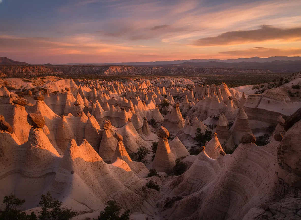 Imagine a landscape where volcanic ash has sculpted an entire valley into a surreal forest of towering, cone-shaped 'tent' rocks, each capped with a balancing boulder.