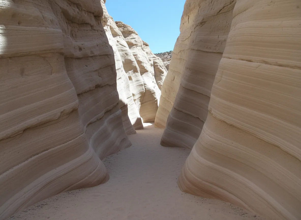 Panoramic view of the unique cone-shaped tent rock formations at Kasha-Katuwe, with a clear blue sky and distant mountains