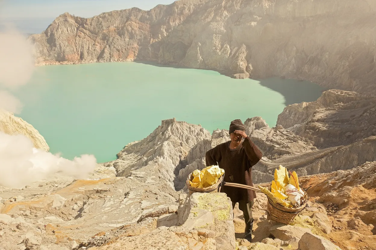 Mesmerizing blue fire burning brightly in the Kawah Ijen crater before dawn.