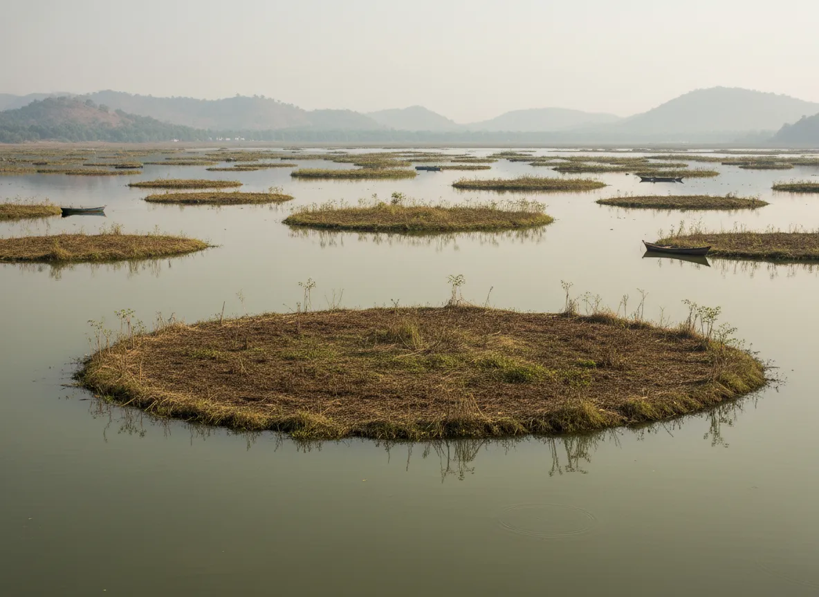A majestic Sangai deer standing gracefully on a floating phumdi in Keibul Lamjao National Park, Loktak Lake, Manipur, India