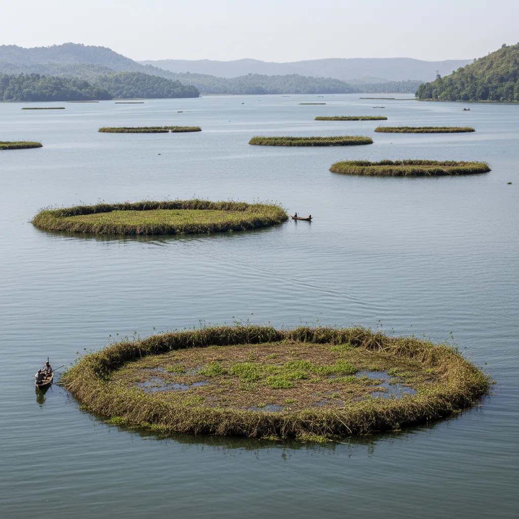 A traditional wooden boat navigating through the floating phumdis on Loktak Lake, with local fishermen in the distance, Keibul Lamjao National Park, Manipur