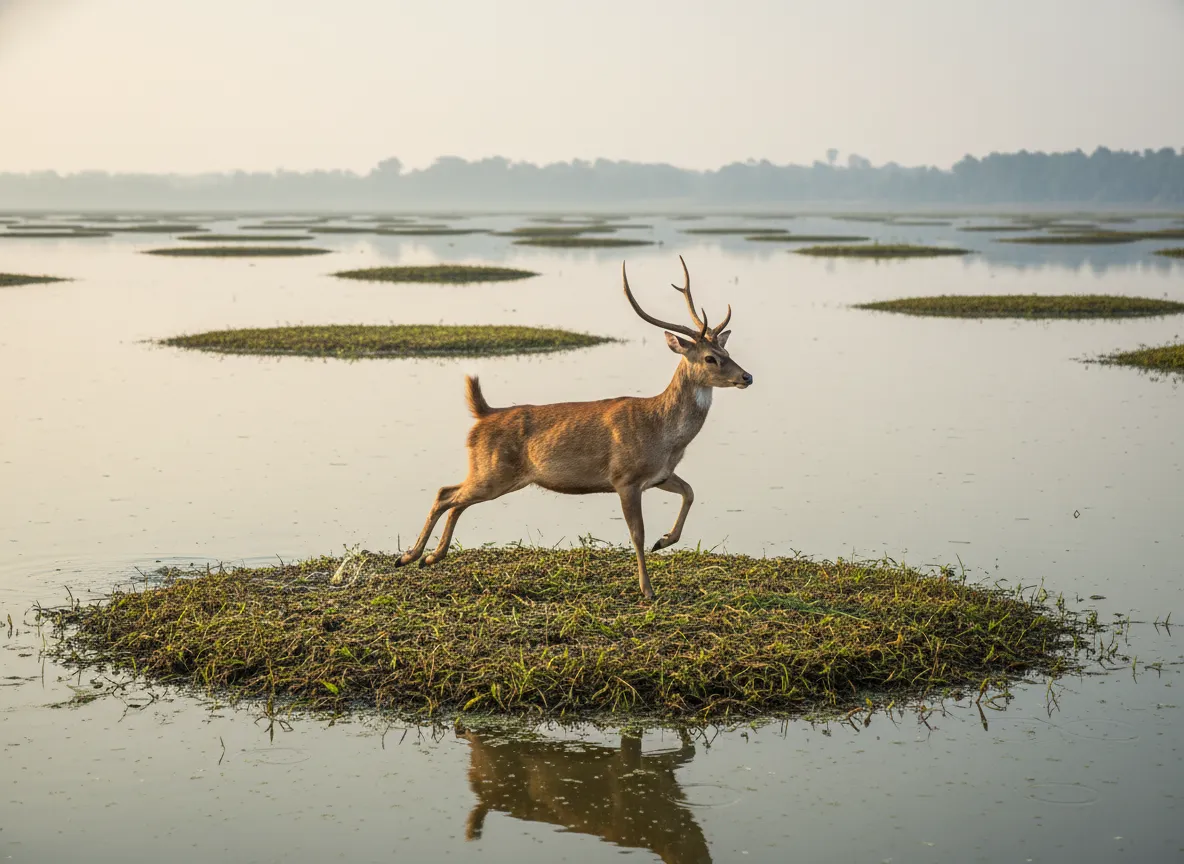 Panoramic view of Loktak Lake with numerous floating phumdis and distant hills under a clear sky, Keibul Lamjao National Park, Manipur, India
