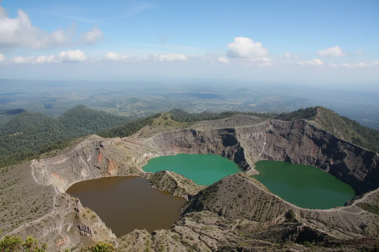 Sunrise over the three Kelimutu Volcano Lakes, showing vibrant and distinct colors against a dramatic volcanic landscape.