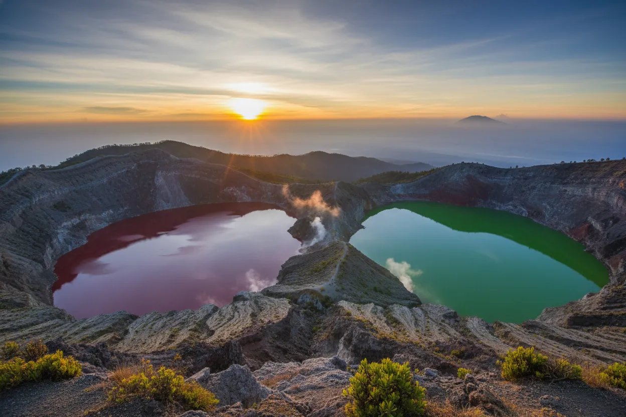 A lone traveler standing at the viewpoint overlooking the Kelimutu lakes at sunrise, with mist clinging to the distant hills.