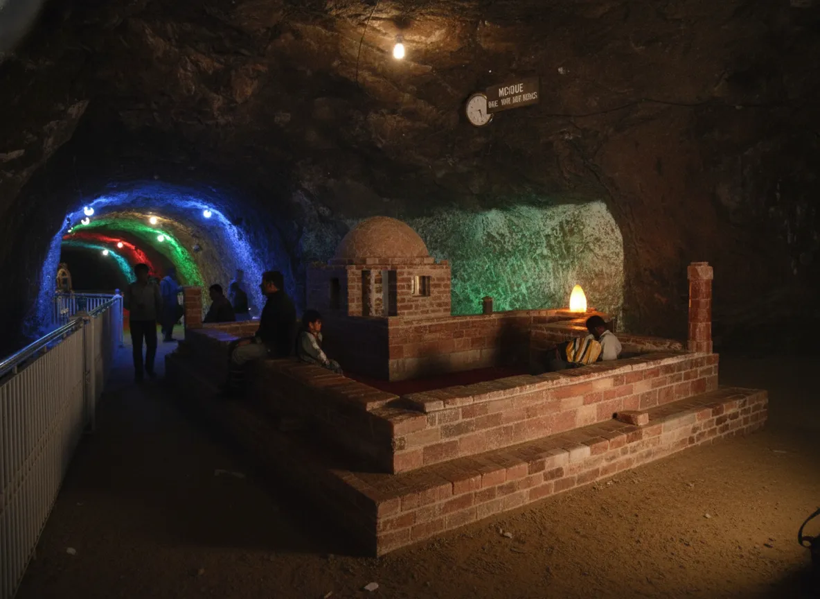 Illuminated Badshahi Mosque replica made of pink salt inside Khewra Salt Mine
